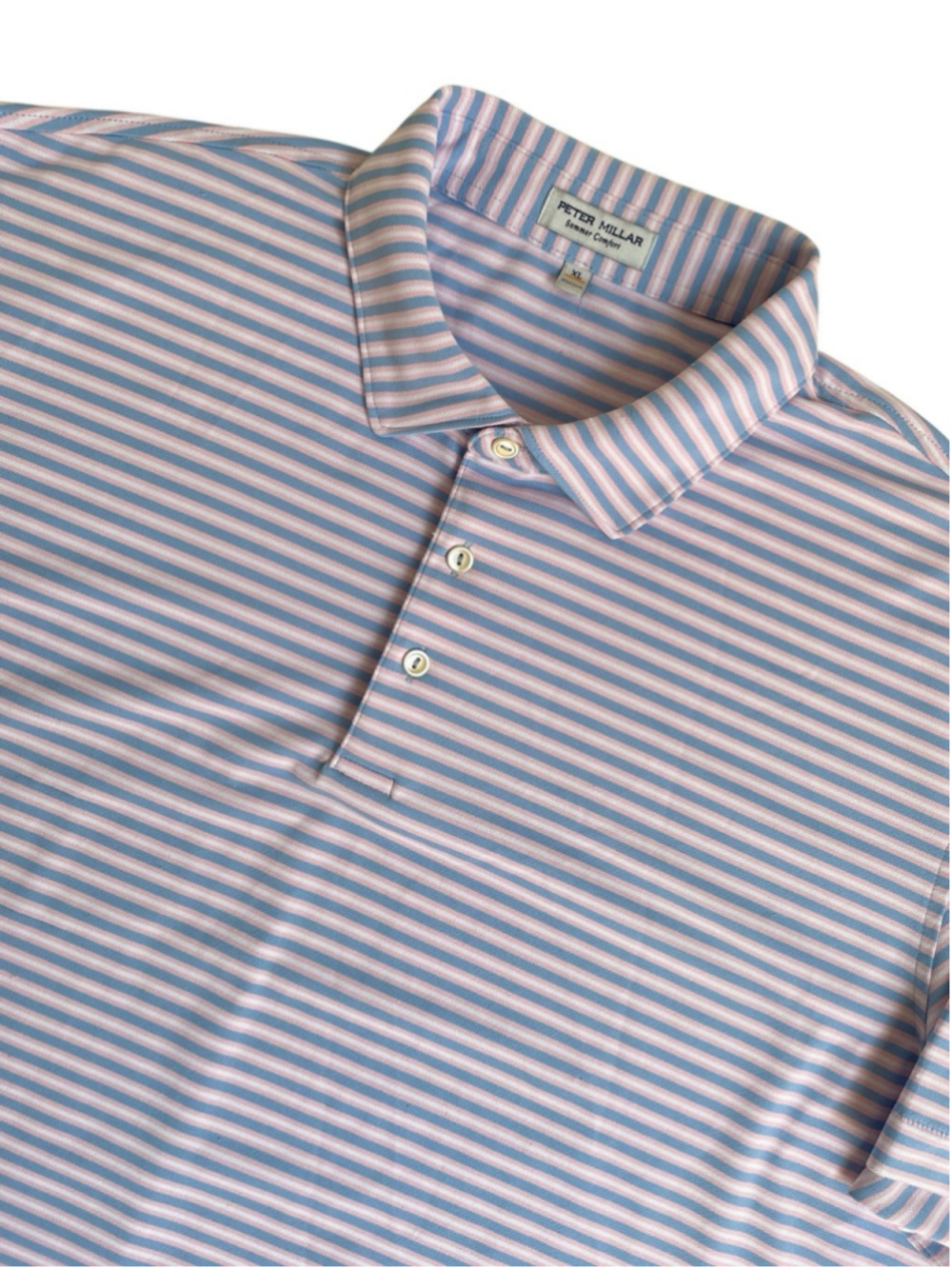 Peter Millar Summer Comfort Polo Shirt men's XL Pink Blue Stripped Golf